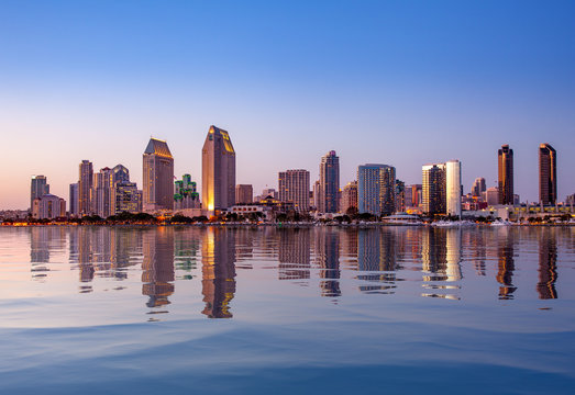 san diego skyline from water at sunset